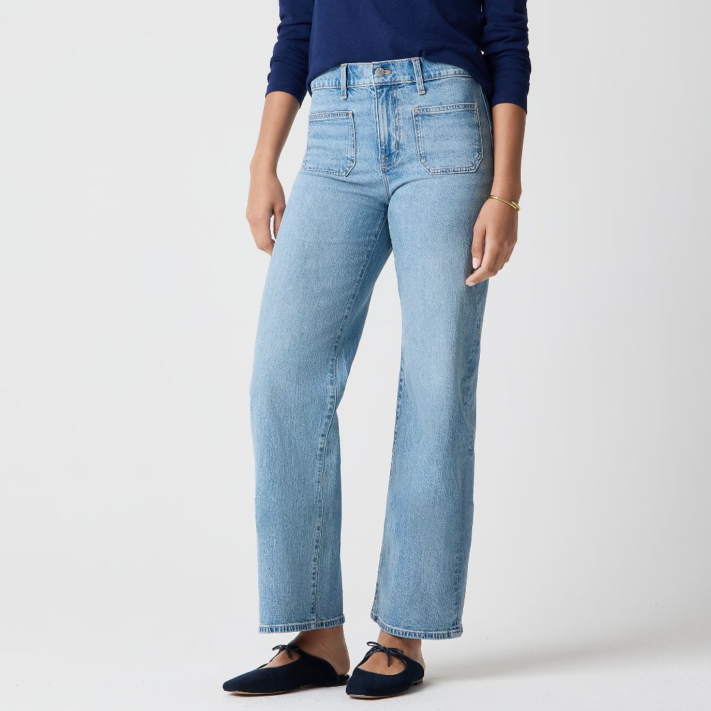 J. Crew Full Length Wide-Leg Jeans Light Vintage Wash High Rise Patch Pocket 30